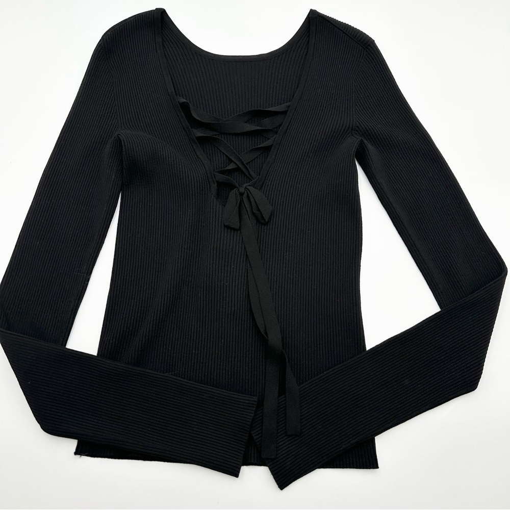 Tibi Ribbed Long Sleeve Black Lace Up Back Stretch Shirt Top
